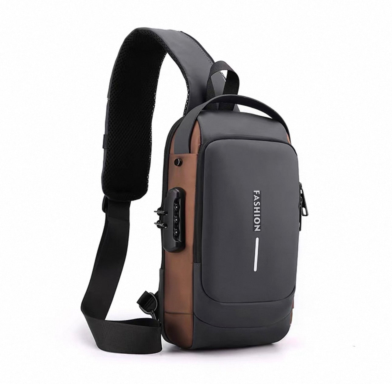 Black and brown crossbody bag with USB port on a white background