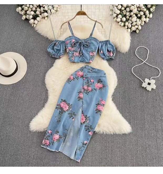 Ensemble deux pièces en jean fleuri pour femme Canada | Top dos nu et jupe fendue