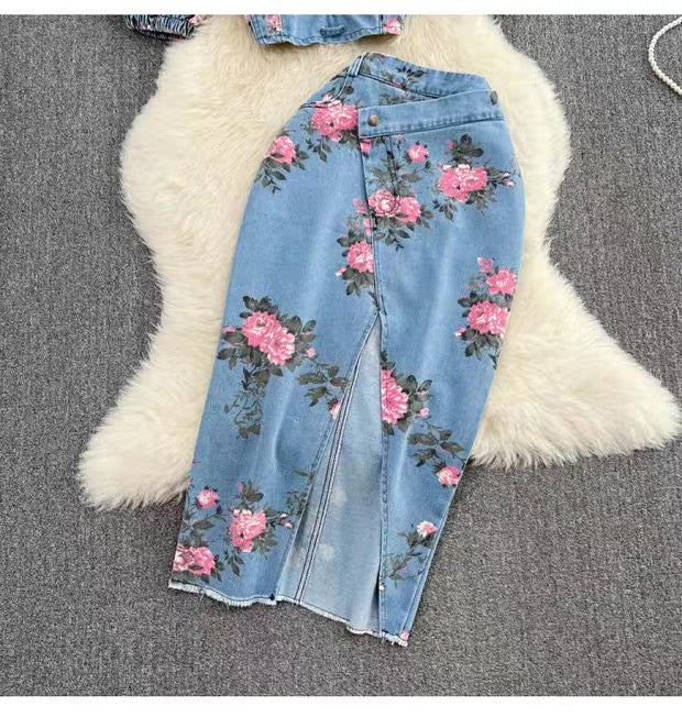 Ensemble deux pièces en jean fleuri pour femme Canada | Top dos nu et jupe fendue
