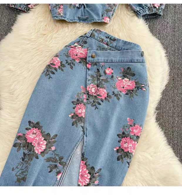 Ensemble deux pièces en jean fleuri pour femme Canada | Top dos nu et jupe fendue