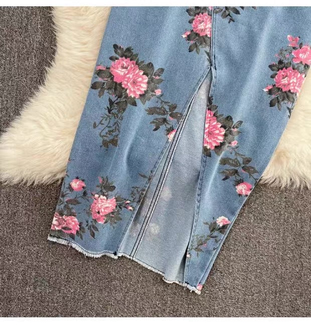 Ensemble deux pièces en jean fleuri pour femme Canada | Top dos nu et jupe fendue