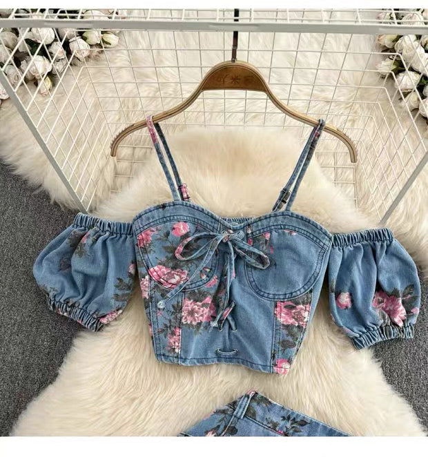 Ensemble deux pièces en jean fleuri pour femme Canada | Top dos nu et jupe fendue