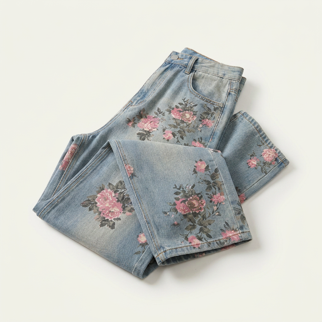 Jean jacquard pivoine pour homme, design unique, pantalon décontracté délavé, pantalon évasé à jambe droite coupe nette