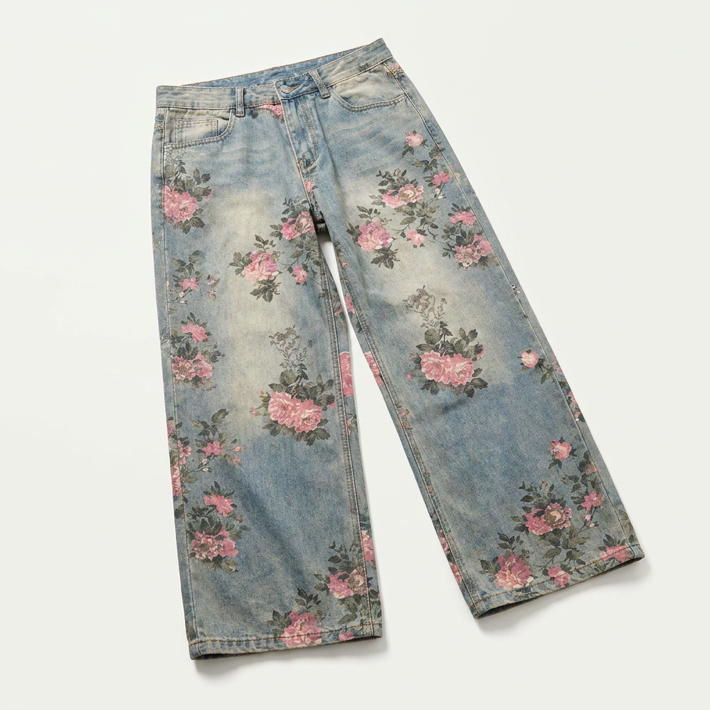 Jean jacquard pivoine pour homme, design unique, pantalon décontracté délavé, pantalon évasé à jambe droite coupe nette