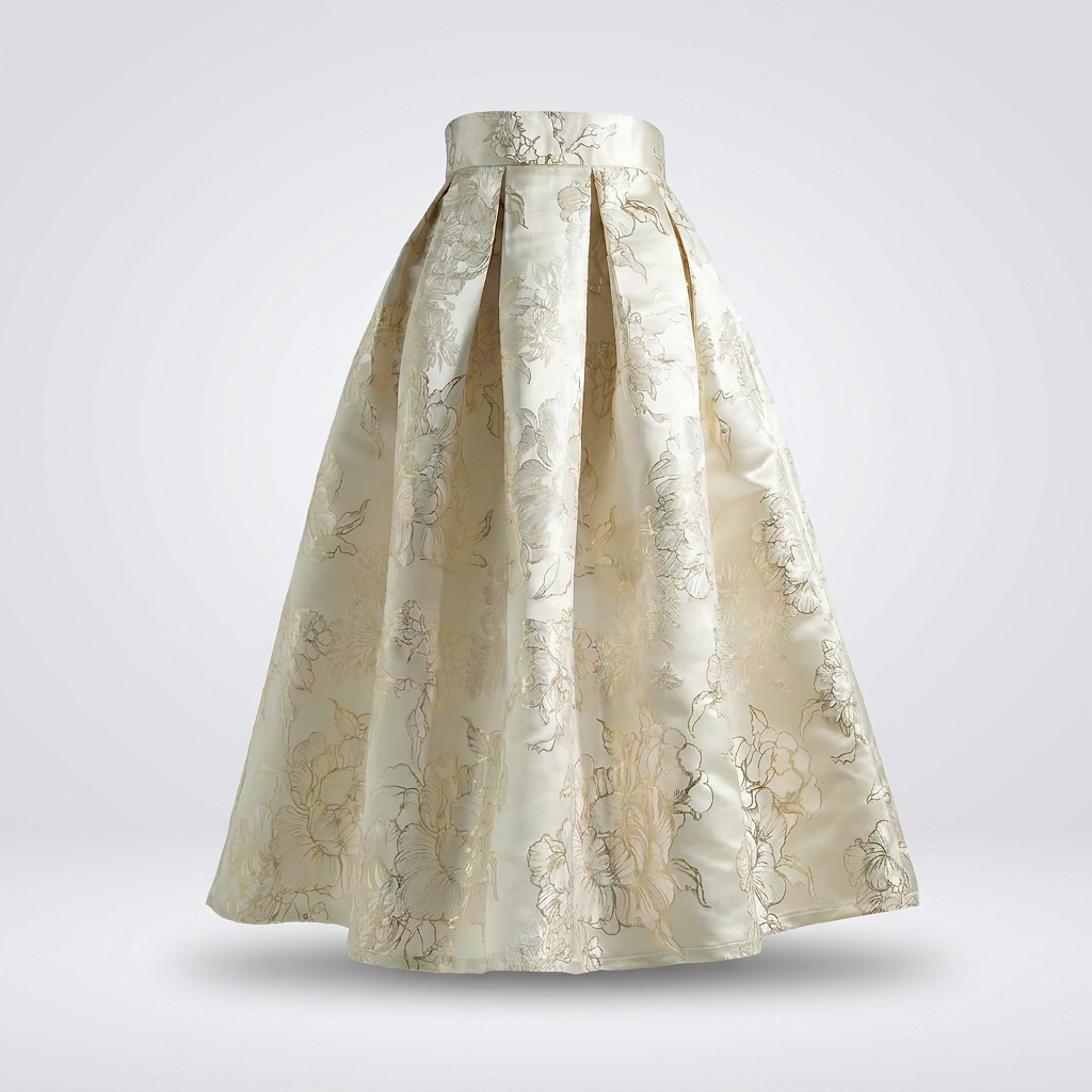 Jupe midi trapèze jacquard doré pour femme Canada | Taille haute à fleurs