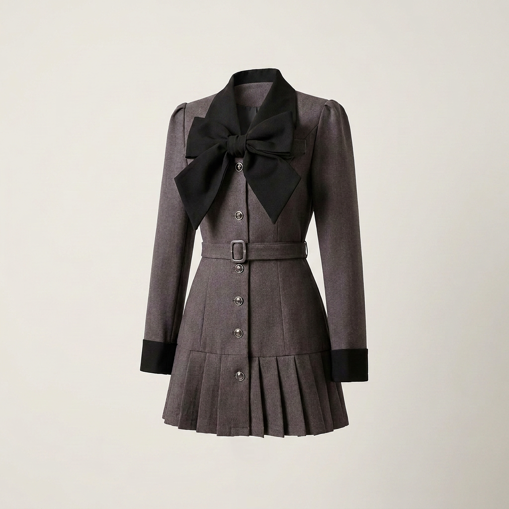 Women's Burgundy Pleated Suit Dress with Bow Tie Canada | Parcel Theory