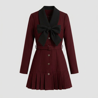 Women's Burgundy Pleated Suit Dress with Bow Tie Canada | Parcel Theory