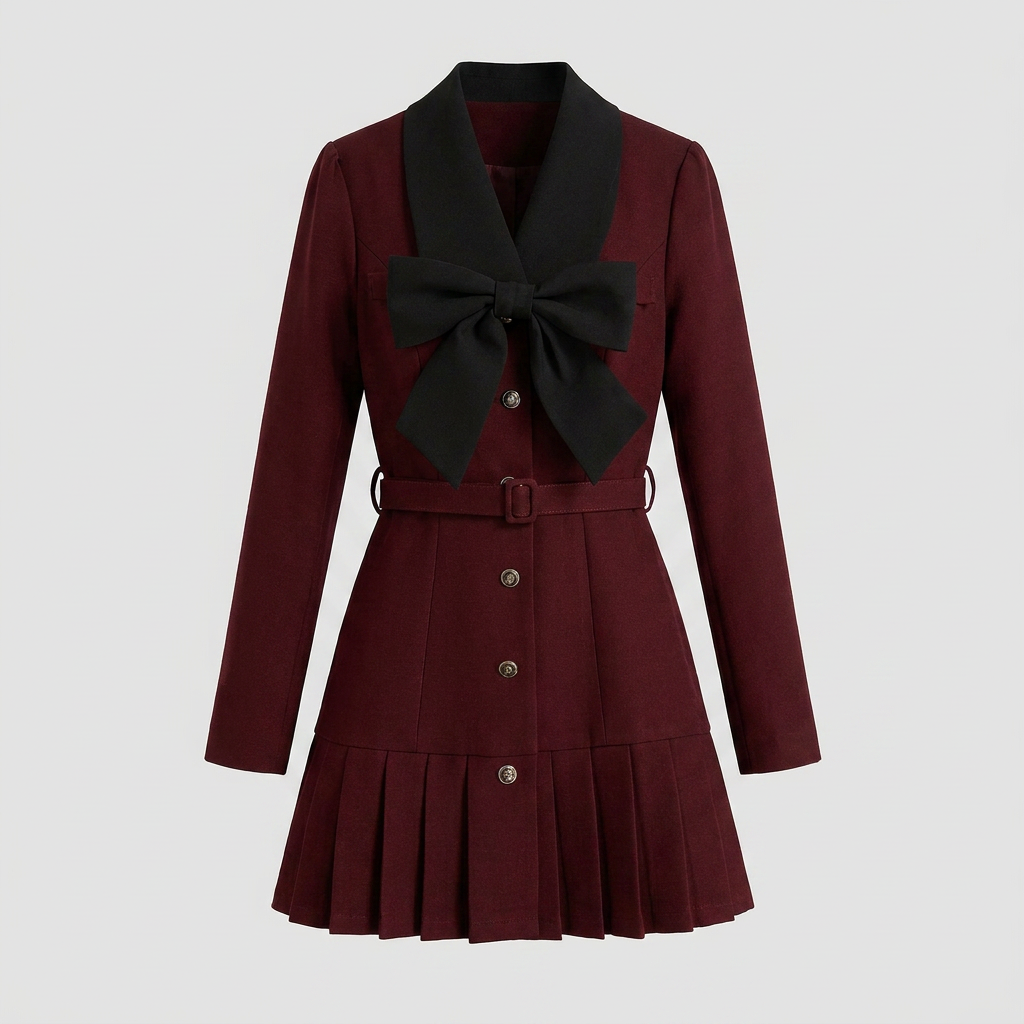 Women's Burgundy Pleated Suit Dress with Bow Tie Canada | Parcel Theory