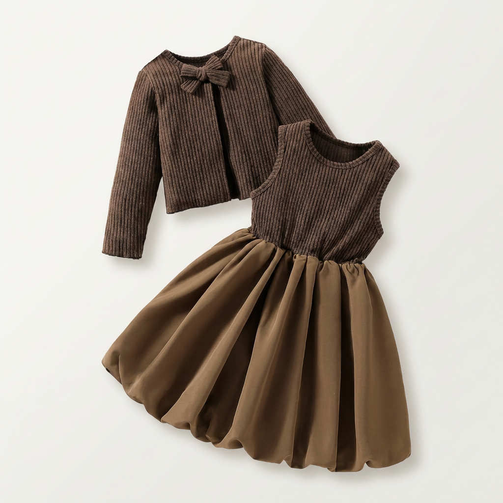 Brown Ribbed Knit Dress Set for Girls | Canada