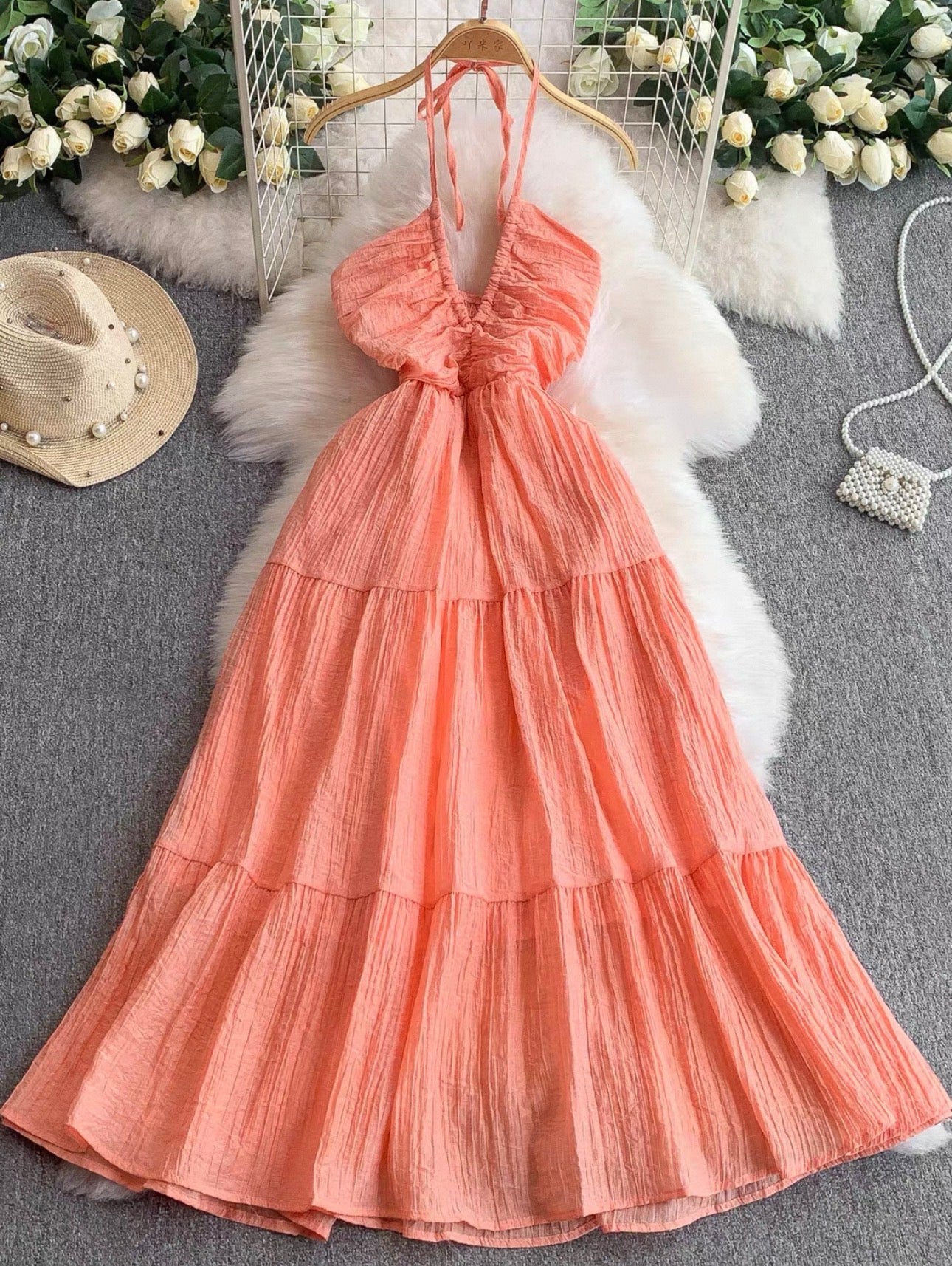 Women's Halter Tiered Maxi Dress Canada | Pleated Summer Dresses