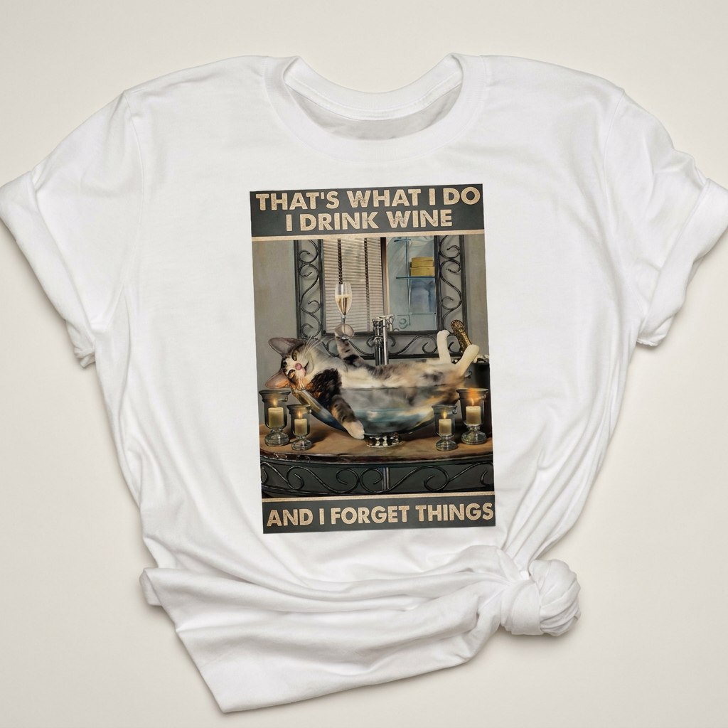 Drink Wine and Forget Things Graphic Tee | Funny Cat