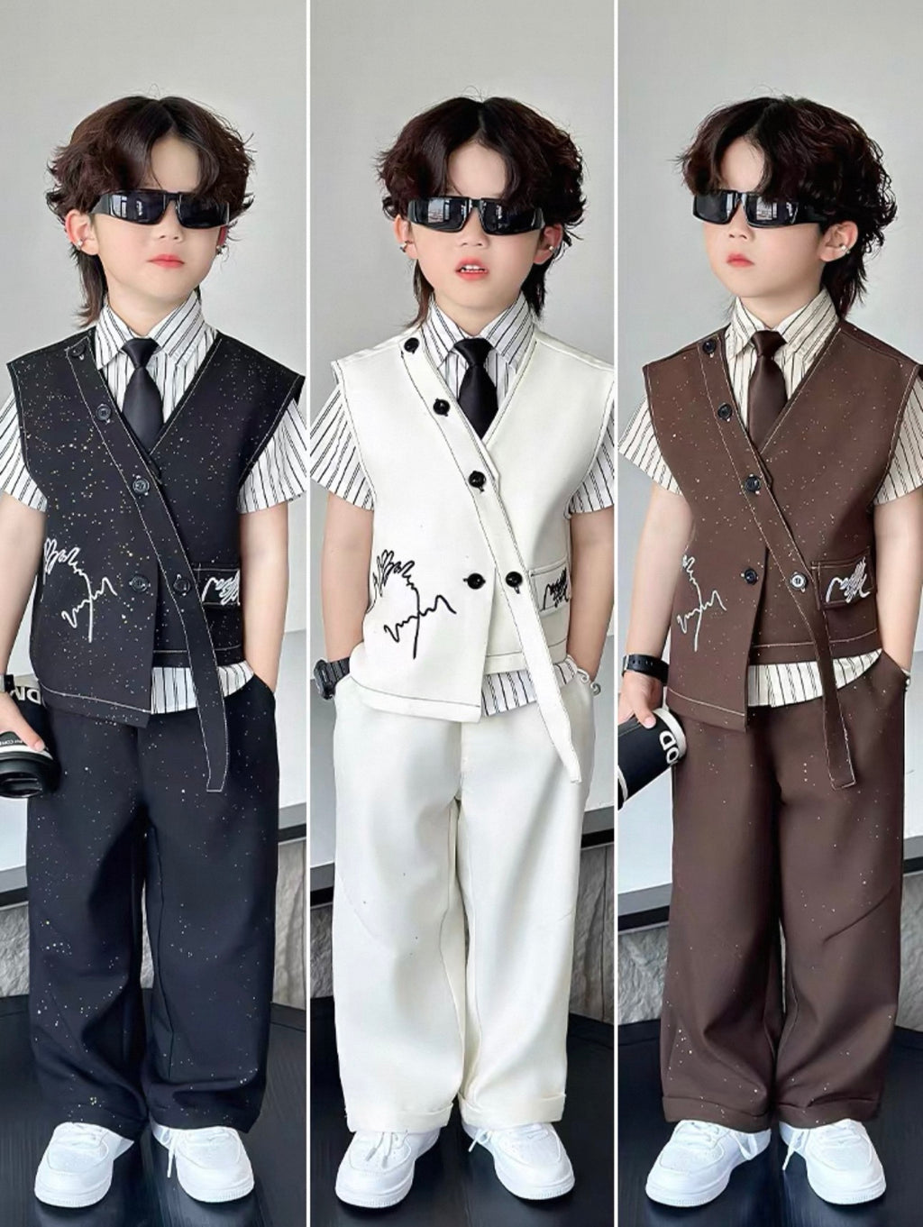 Three different outfits worn by a child with vests and shirts.