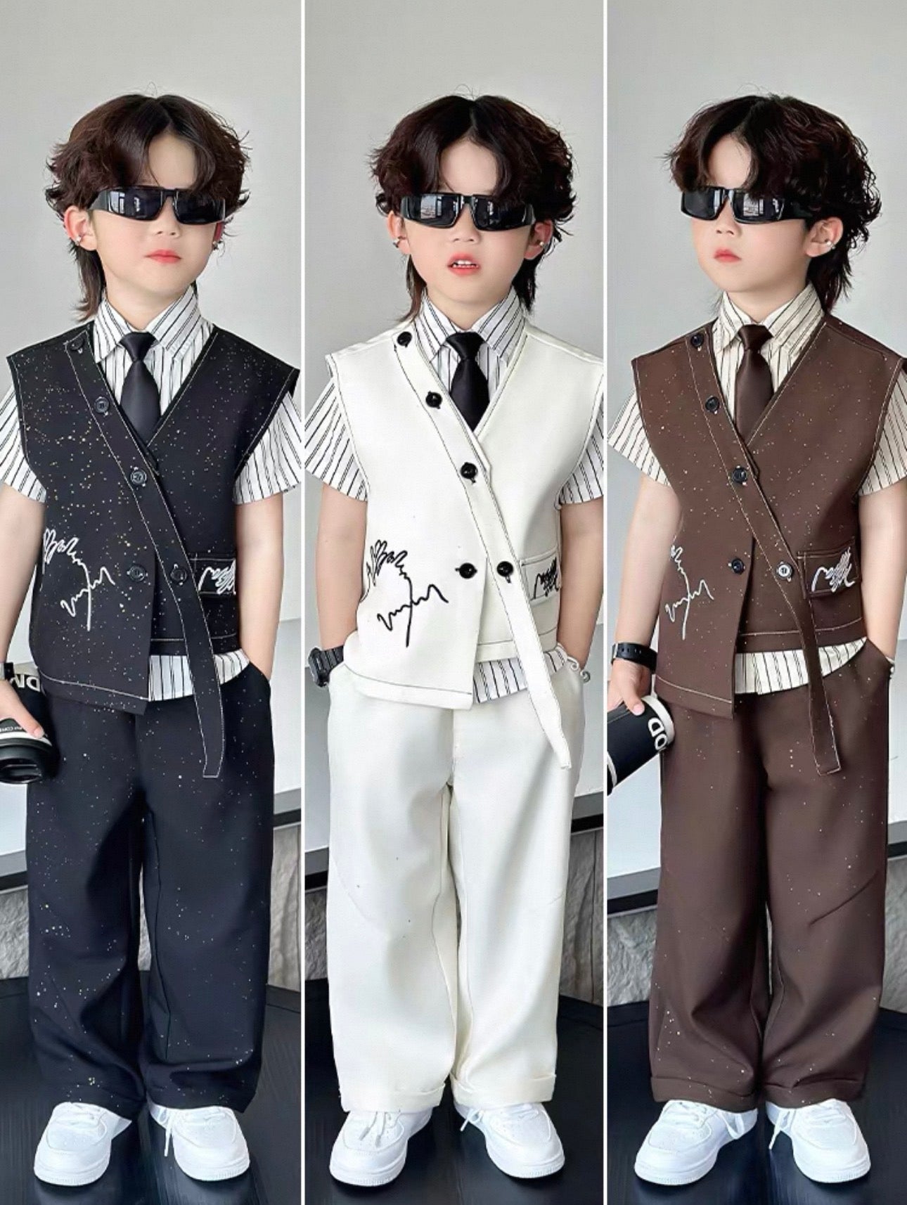 Three different outfits worn by a child with vests and shirts.