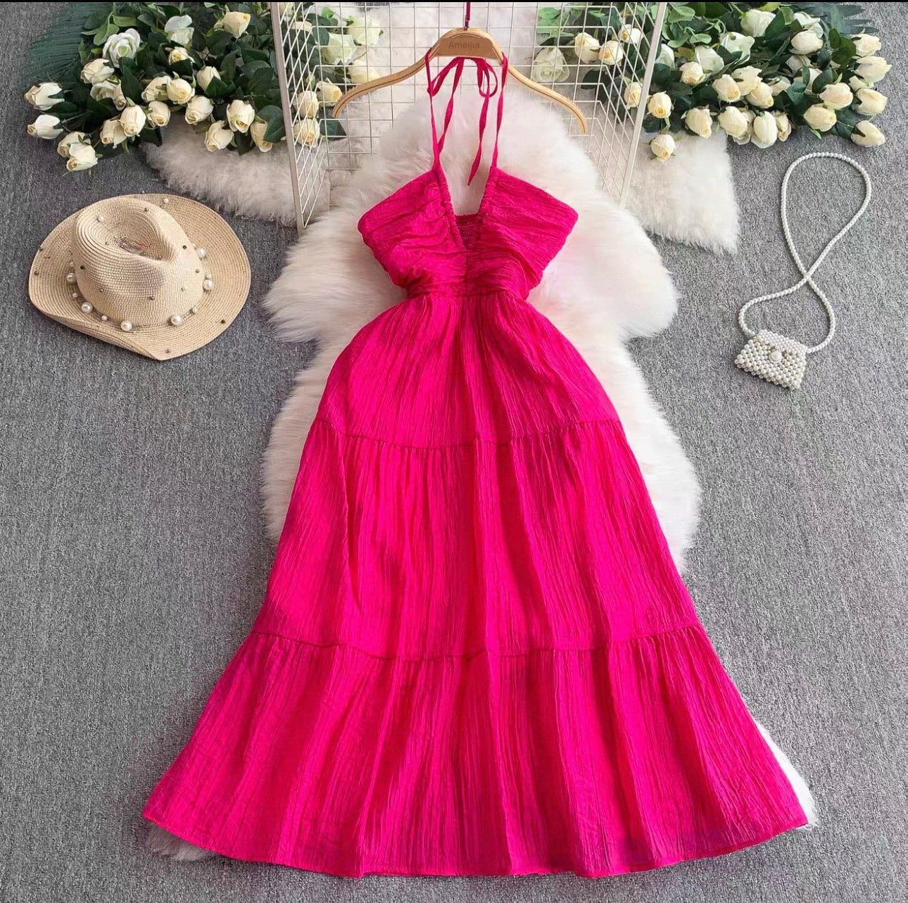 Women's Halter Tiered Maxi Dress Canada | Pleated Summer Dresses