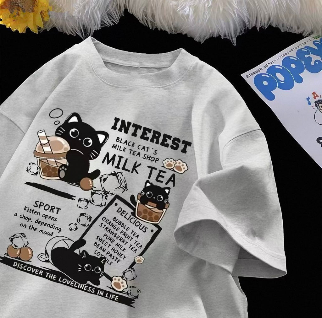 T-shirt graphique Lait Thé pour femme avec adorables chats noirs | Canada