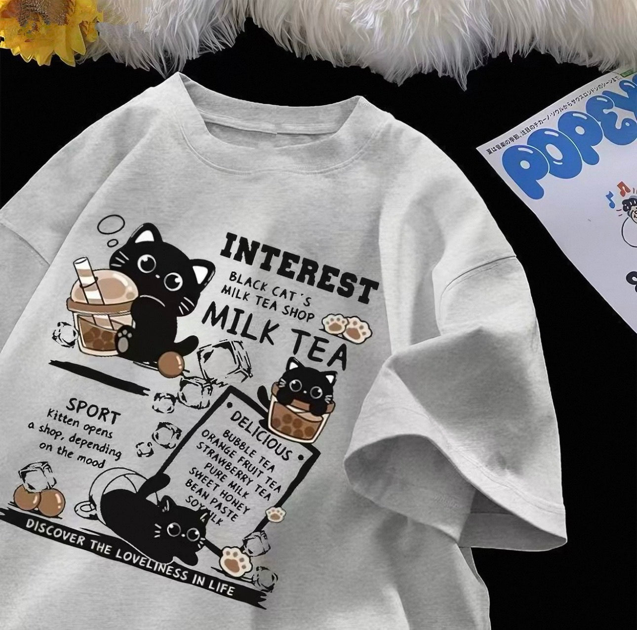 T-shirt graphique Lait Thé pour femme avec adorables chats noirs | Canada