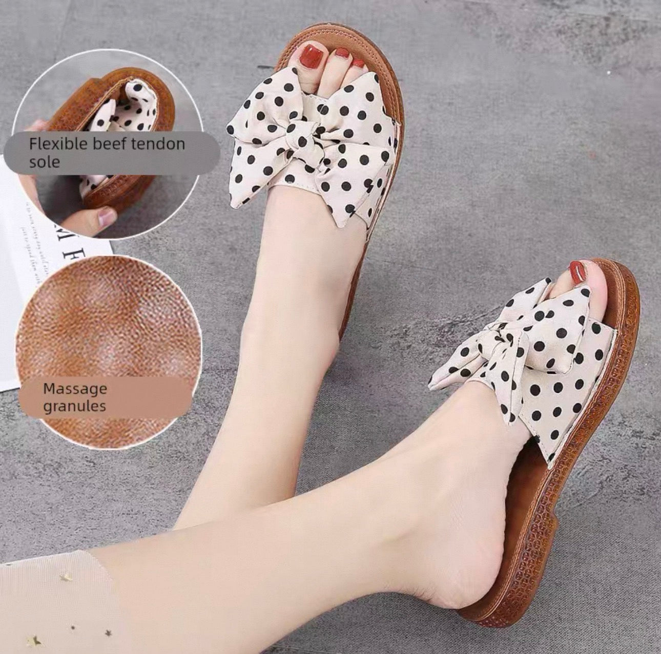 Polka dot sandals with a focus on sole material and massage granules.