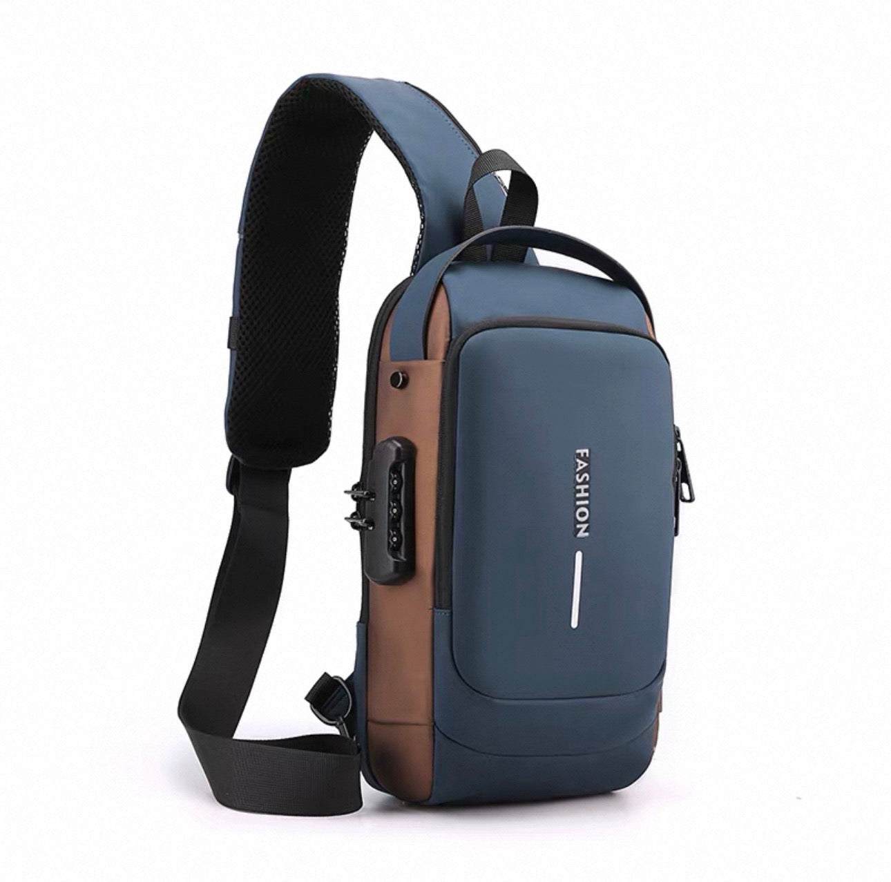 Blue and brown sling bag with 'FASHION' text on a white background