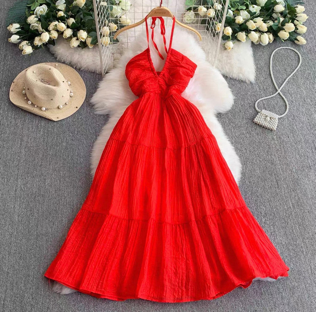 Women's Halter Tiered Maxi Dress Canada | Pleated Summer Dresses