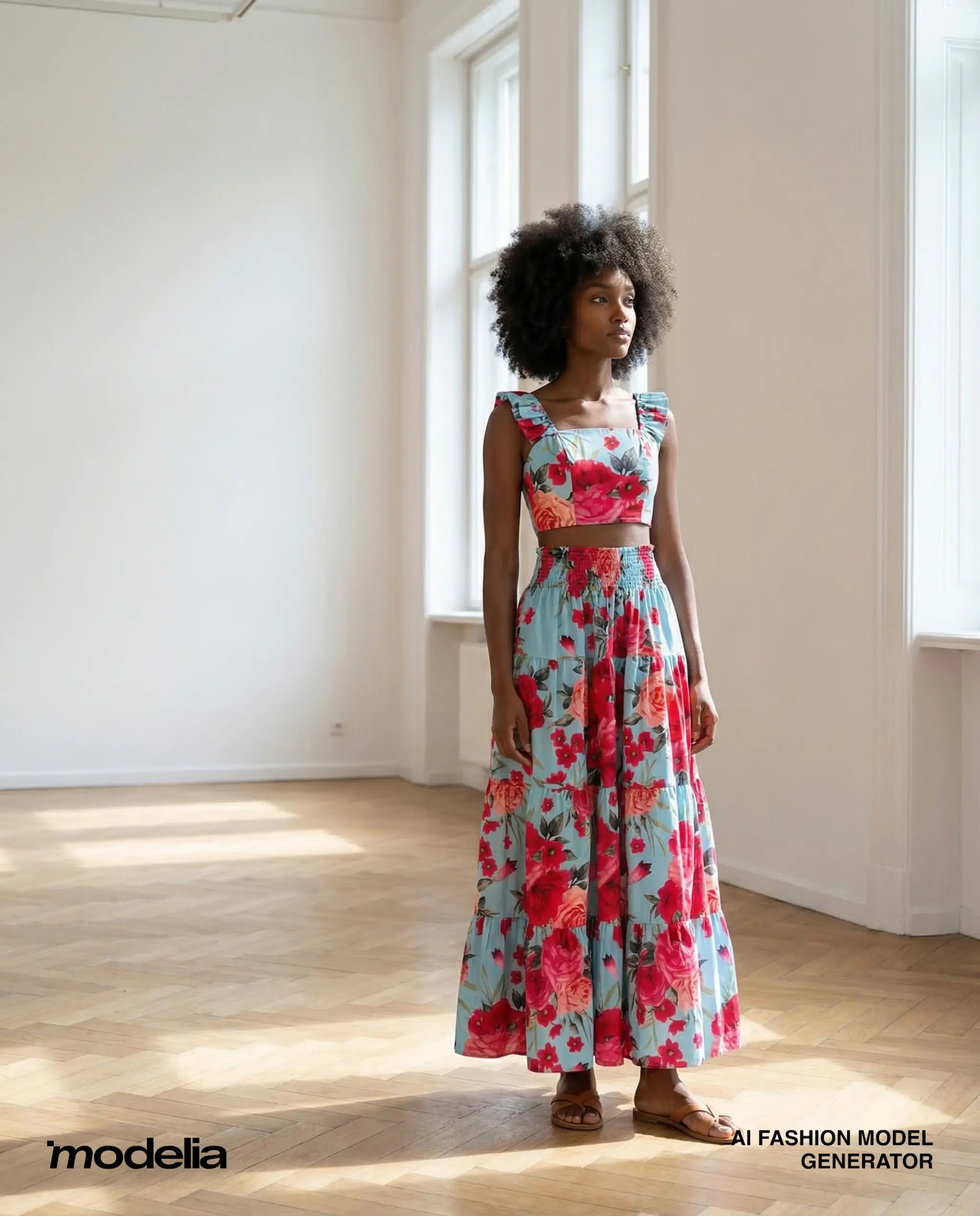 Woman wearing a colorful floral dress standing in a bright room with large windows.