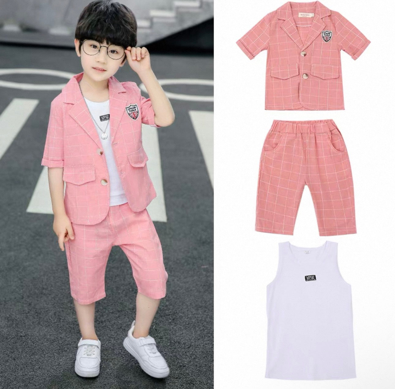 Child wearing a pink outfit with a matching shirt, vest, and pants on a road.