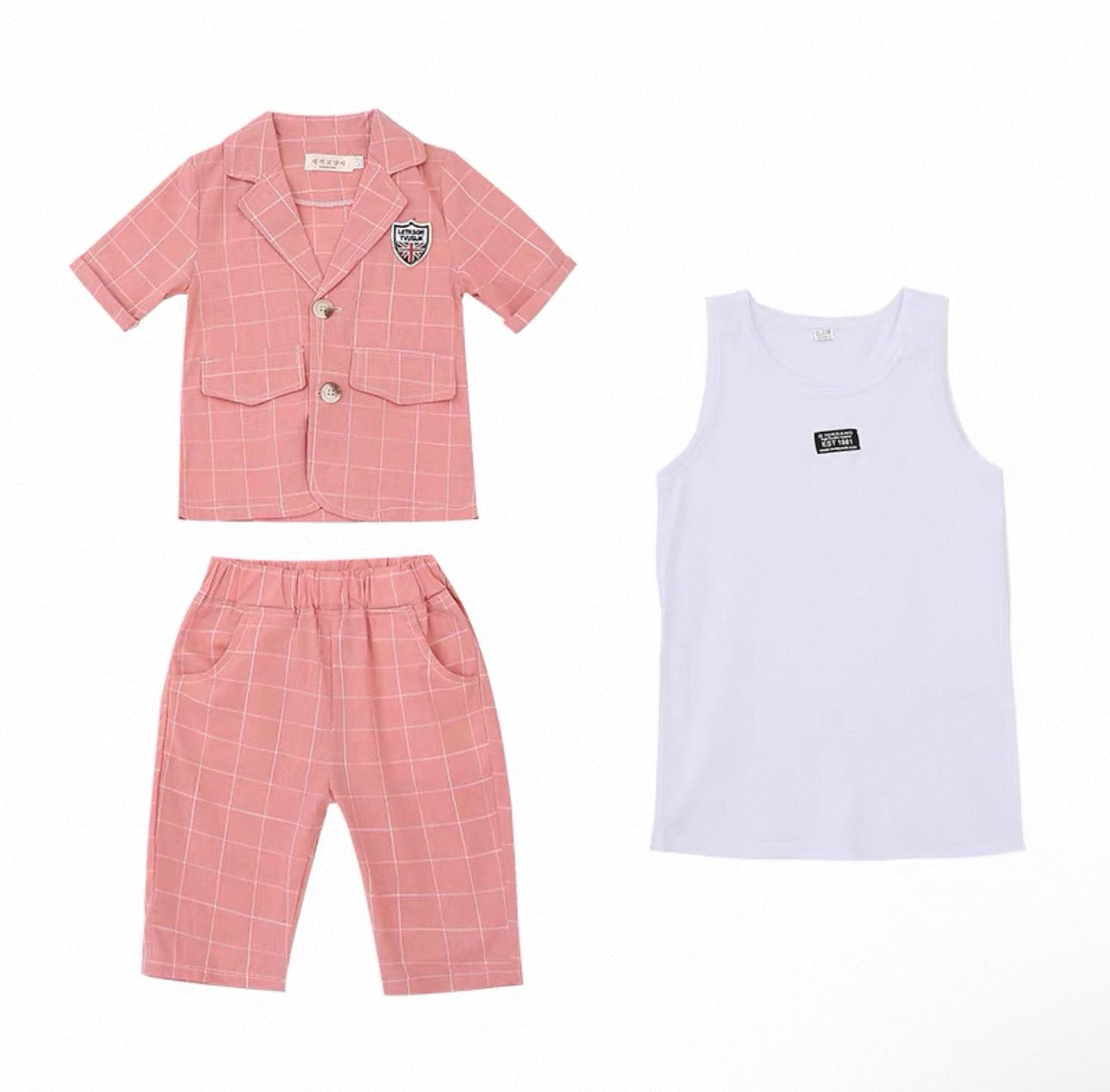 Pink checkered shirt, pants, and white tank top set on a white background