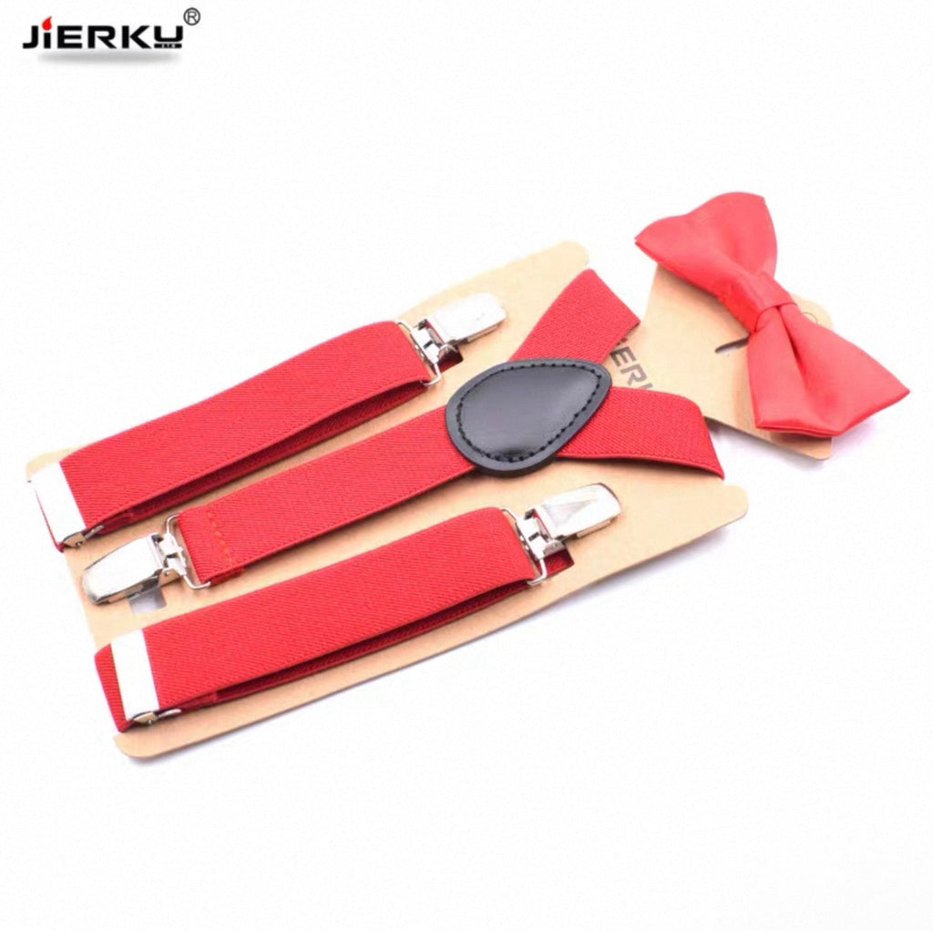 Red suspenders and bow tie set on a white background with 'JIERKU' branding.