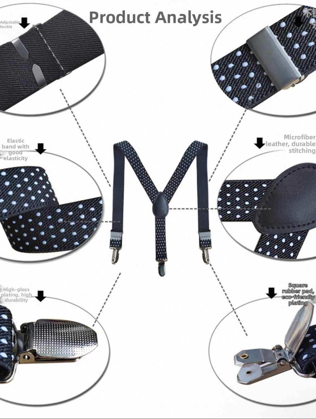 Black suspenders with white polka dots on a white background, showing different parts and features.