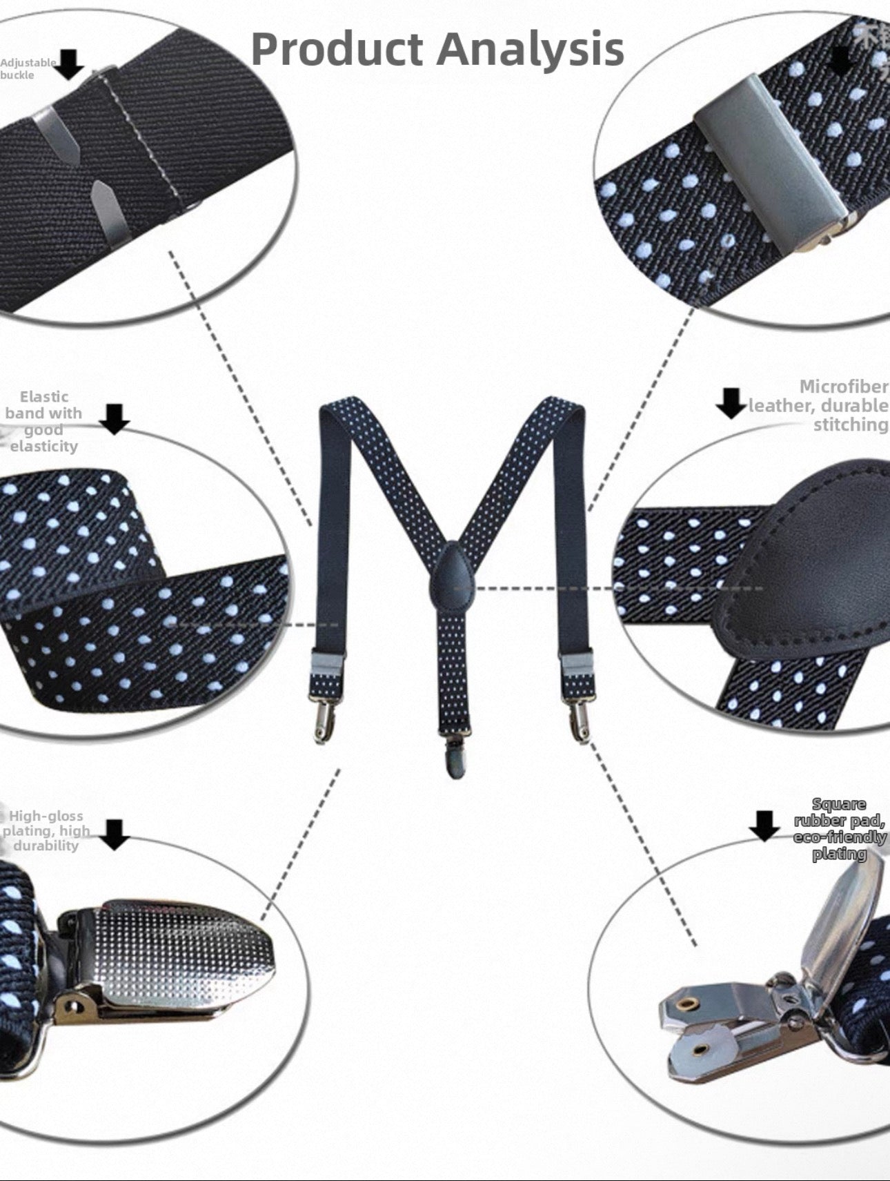 Black suspenders with white polka dots on a white background, showing different parts and features.