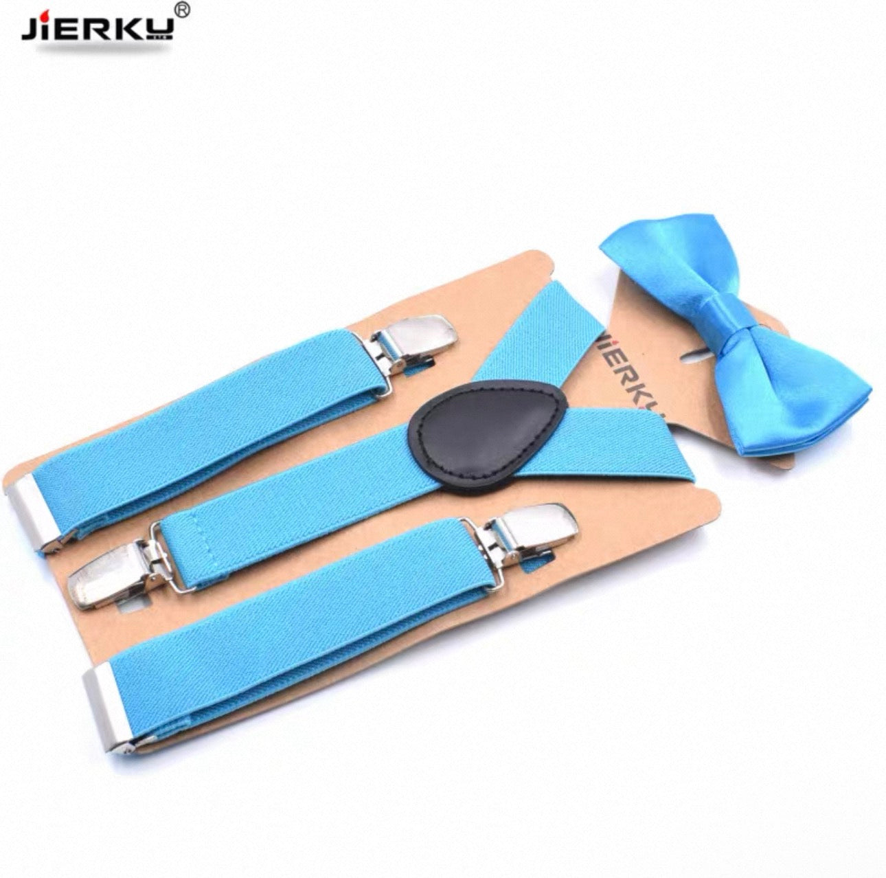 Set of blue suspenders and bow tie on a cardboard backing with JIERKU branding.