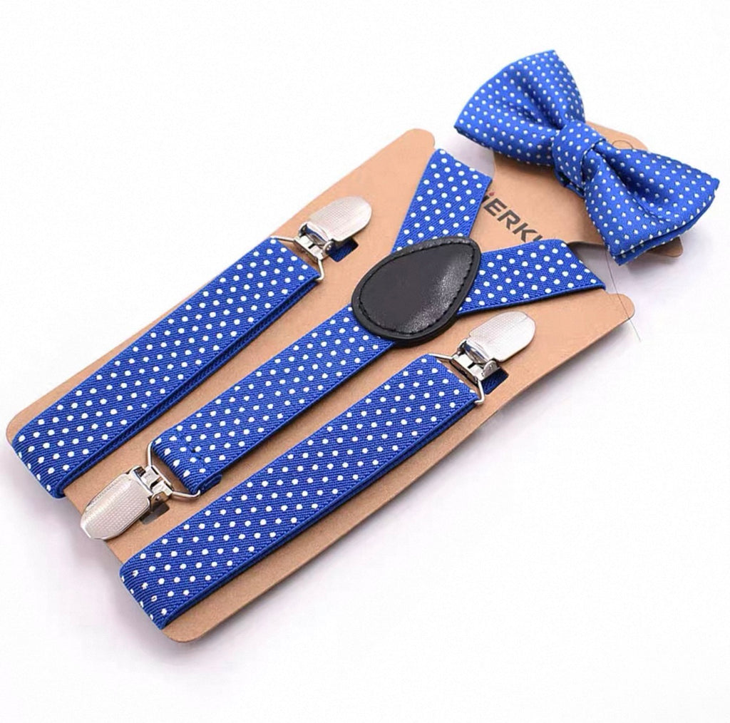 Blue polka dot suspenders and bow tie set on a white background