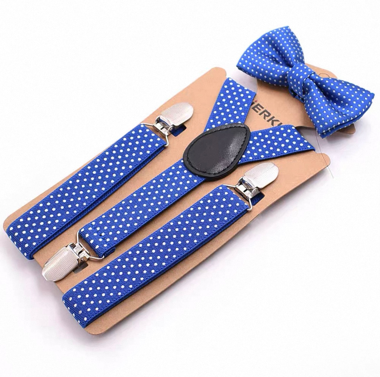 Blue polka dot suspenders and bow tie set on a white background