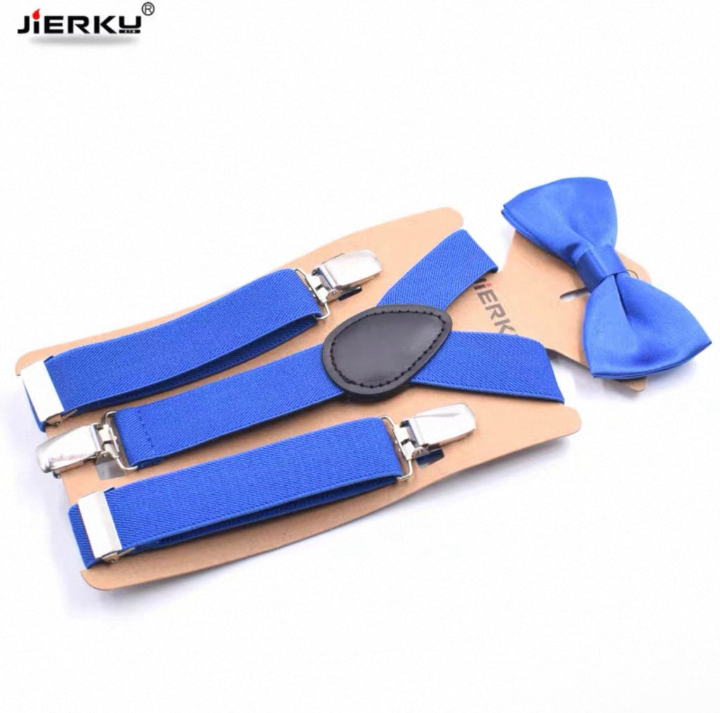 Blue suspenders and bow tie set on a beige card with JIERKU branding.