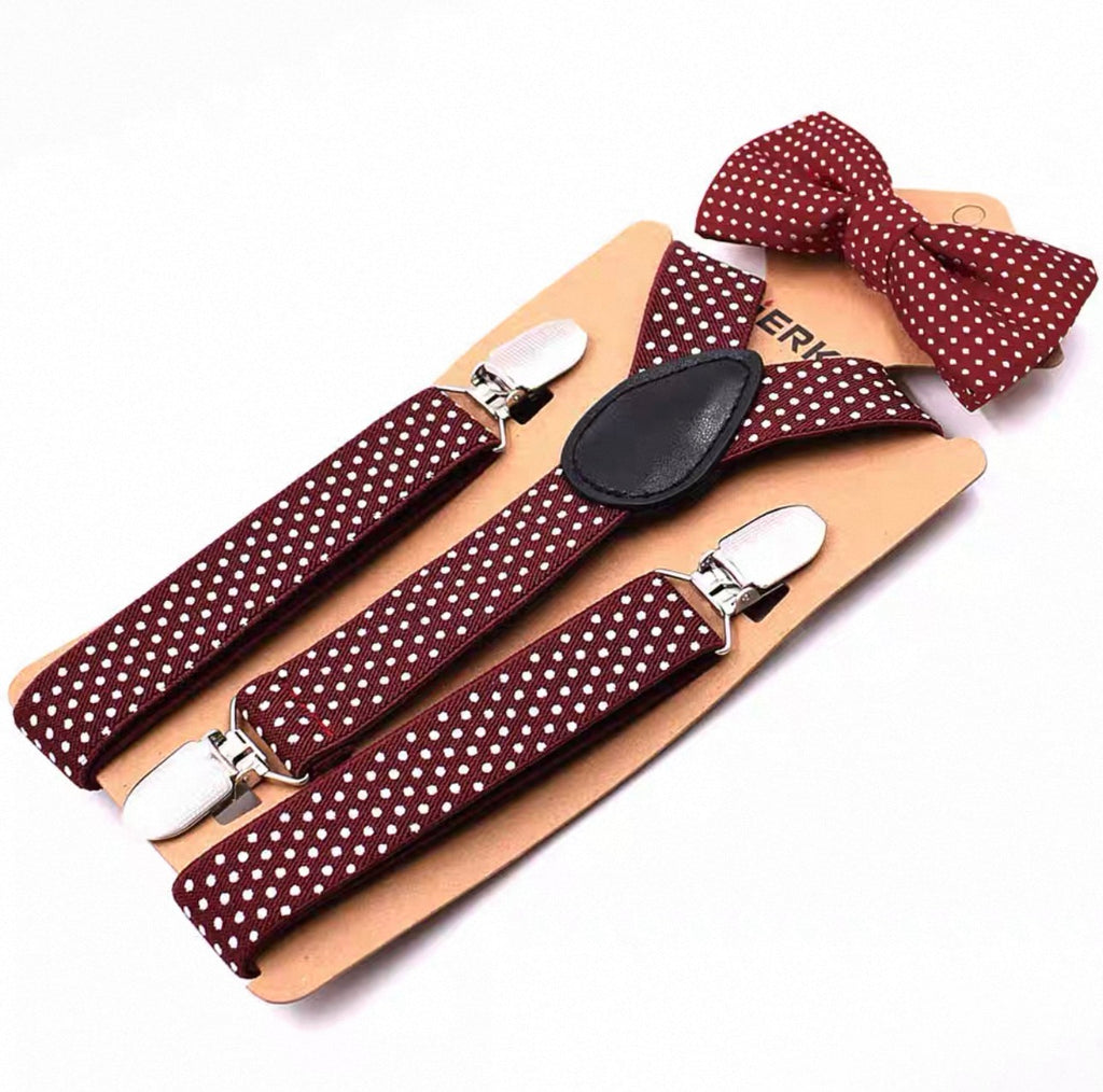 Brown polka dot suspenders and bow tie set on a beige card with visible brand name.