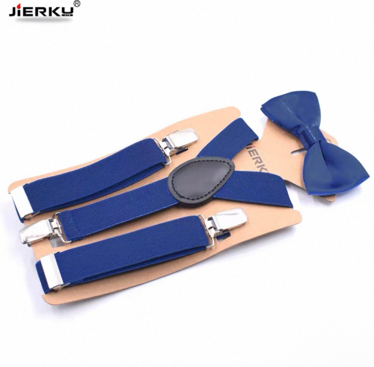 Blue suspenders and bow tie set on a beige card with JIERKU branding.