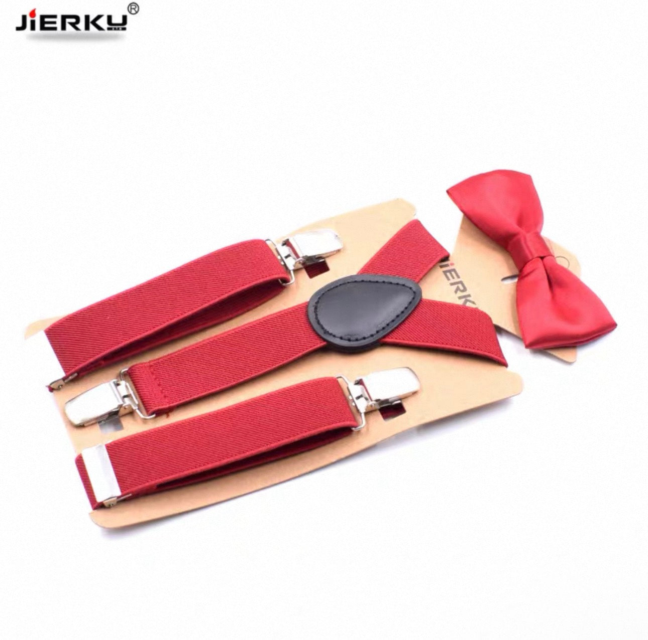 Red suspenders and bow tie set on a beige card with JIERKU branding.