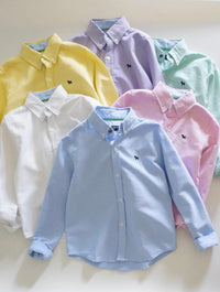 Collection of colorful button-up shirts on a light background