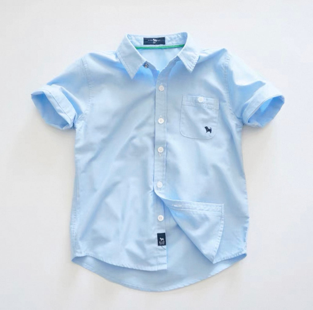 Light blue button-up shirt with white collar on a light gray background