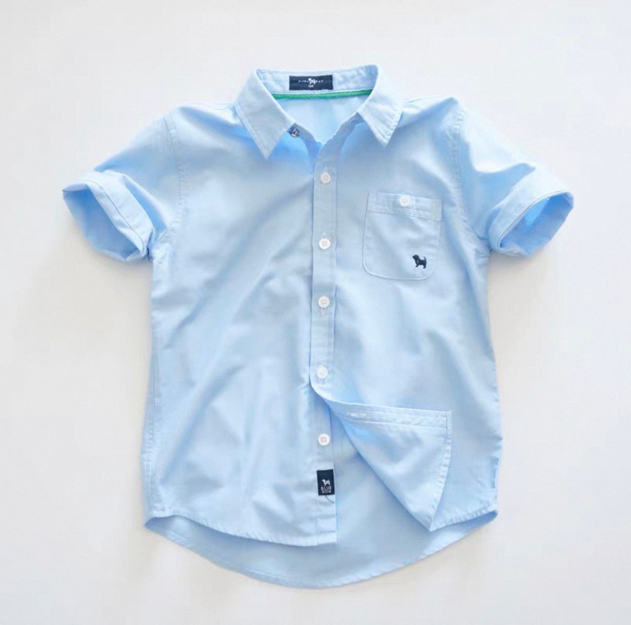 Light blue button-up shirt with white collar on a light gray background