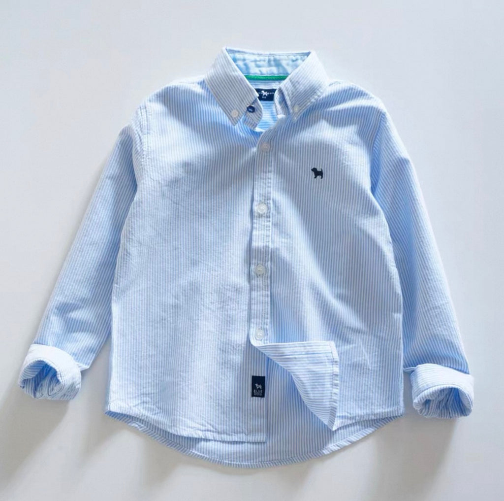 Blue striped shirt with brand logo on a light gray background
