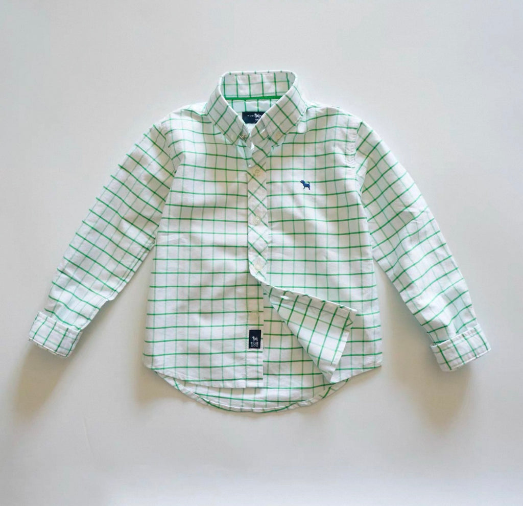 Green and white checkered shirt with a logo on a light gray background