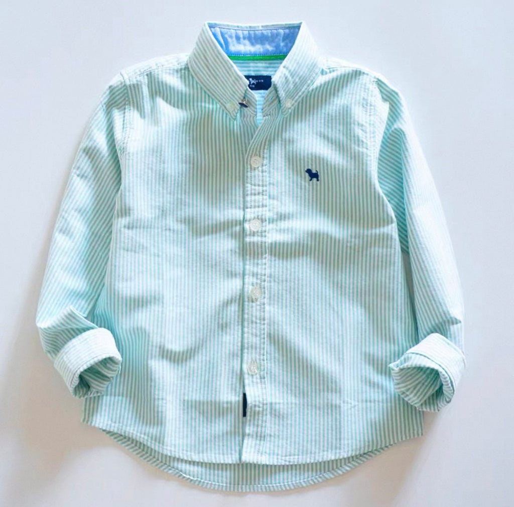 Light blue striped shirt with brand logo on a white background