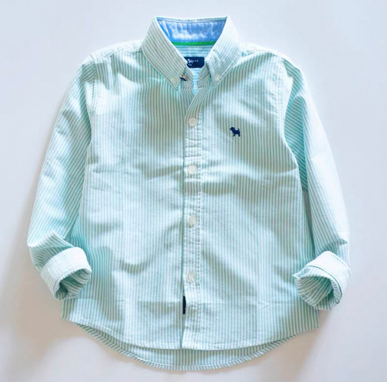 Light blue striped shirt with brand logo on a white background