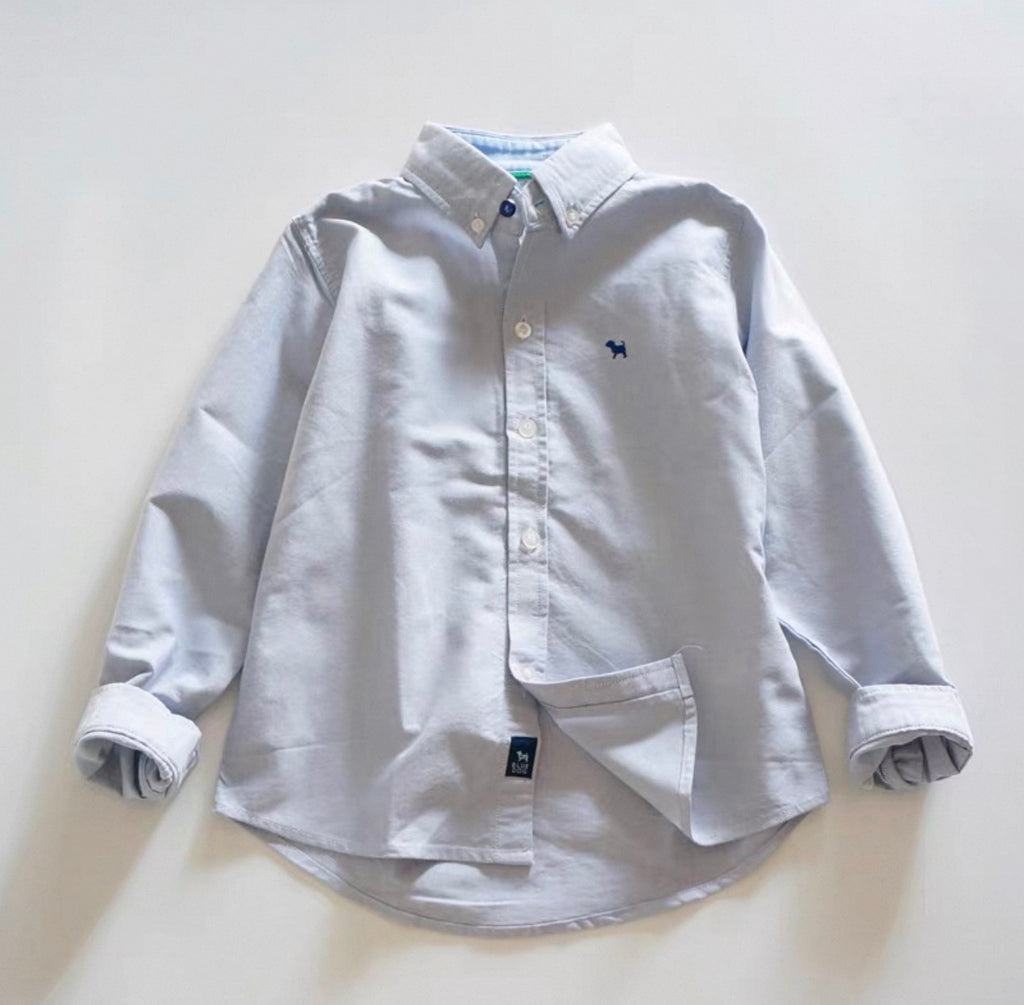 Light blue button-up shirt with rolled sleeves on a white background