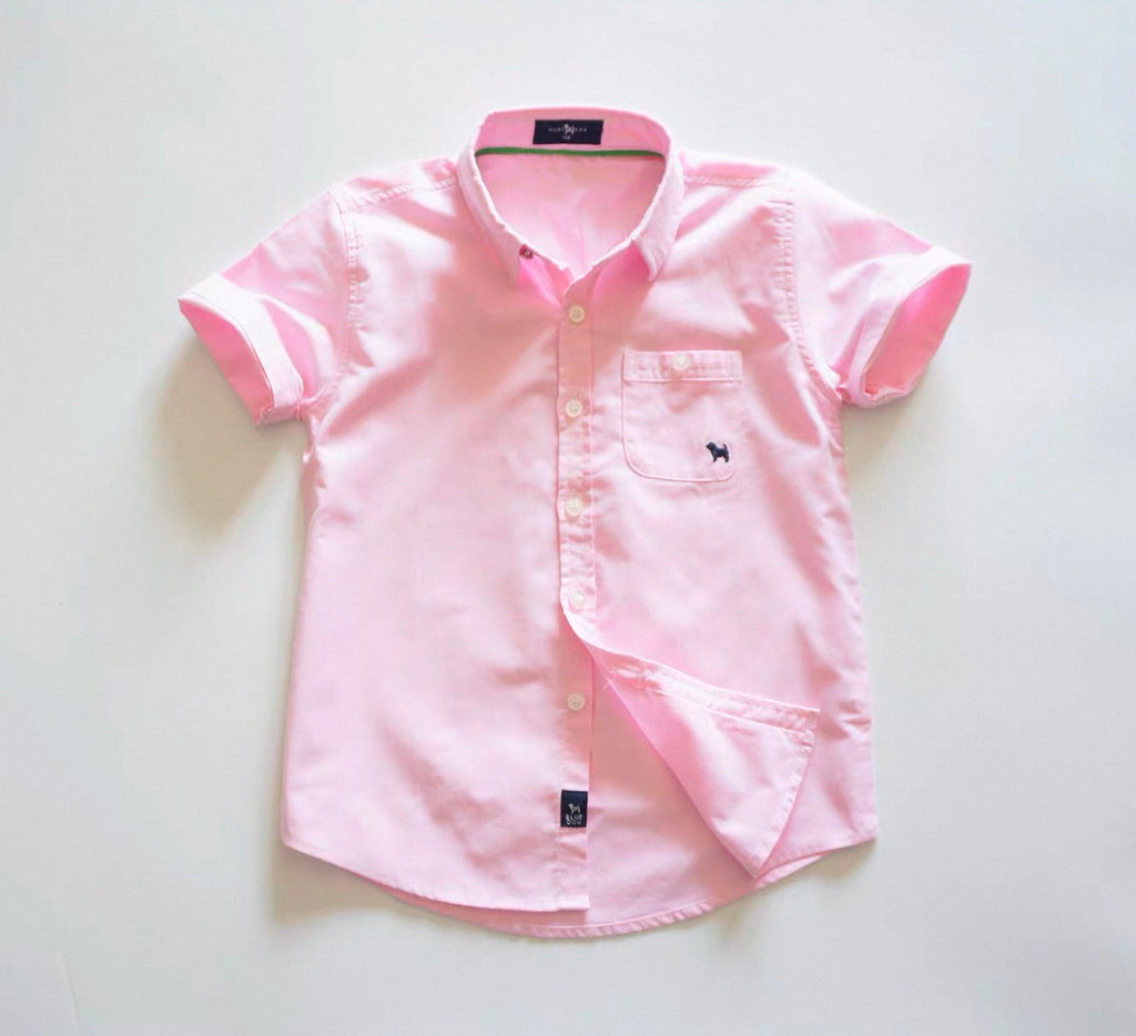 Pink short-sleeve shirt with collar on a light gray background