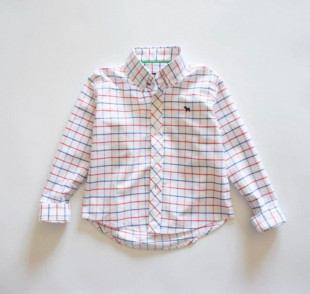Plaid shirt with a small logo on a light gray background
