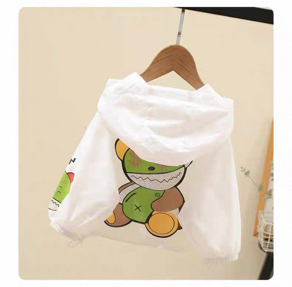 White drawstring bag with a cartoon character on a beige background