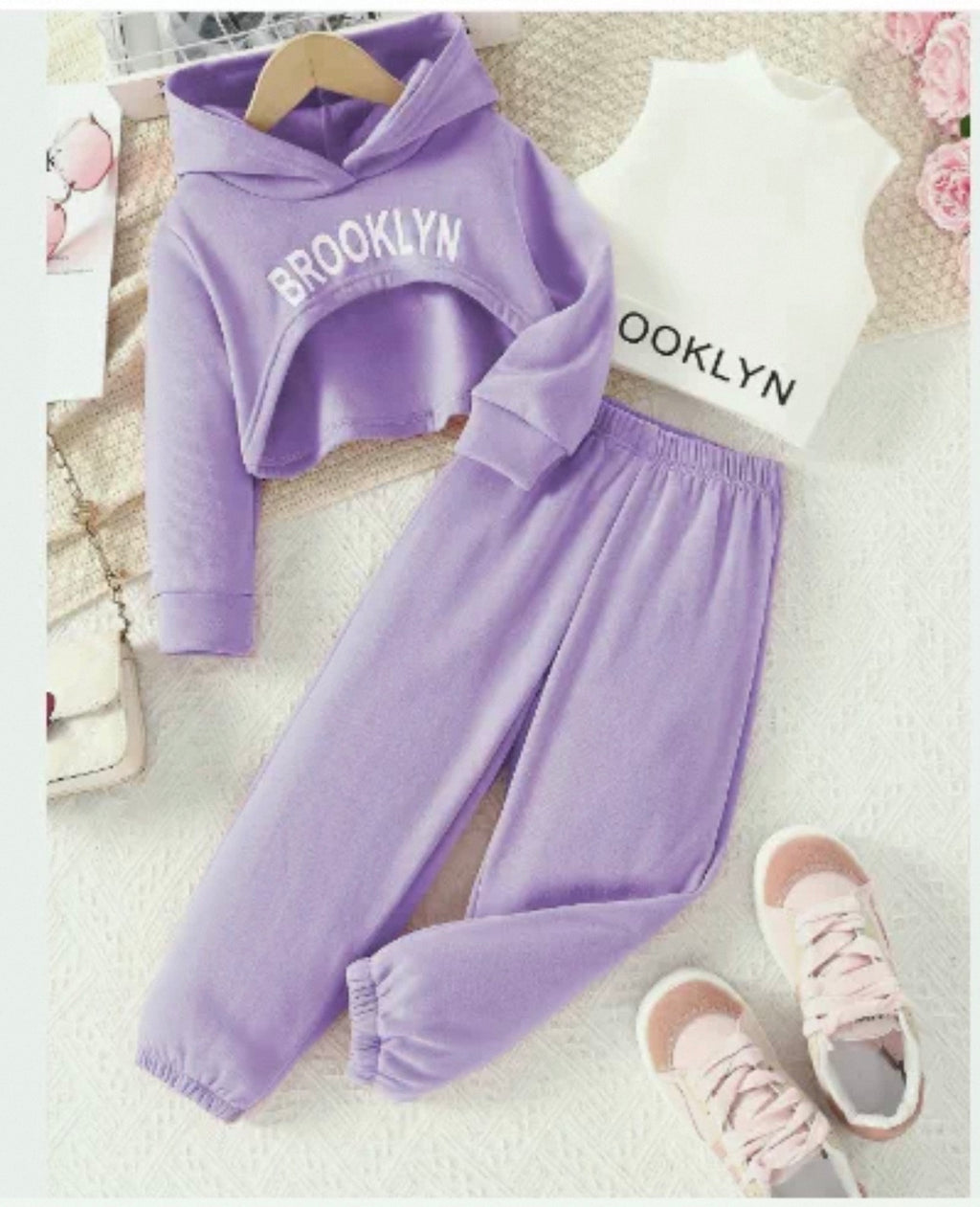 Purple children's hoodie and pants set with 'Brooklyn' text on a light background
