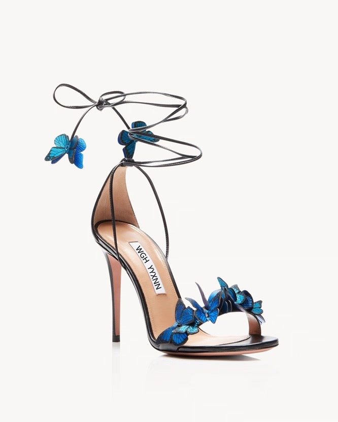 Blue butterfly and flower stiletto sandals with wraparound ankle straps and 9.5cm heel.