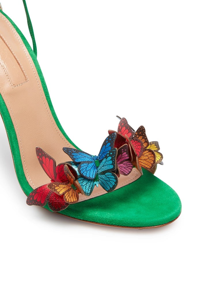 Green suede stiletto sandal with colorful butterfly embellishments on single front strap.